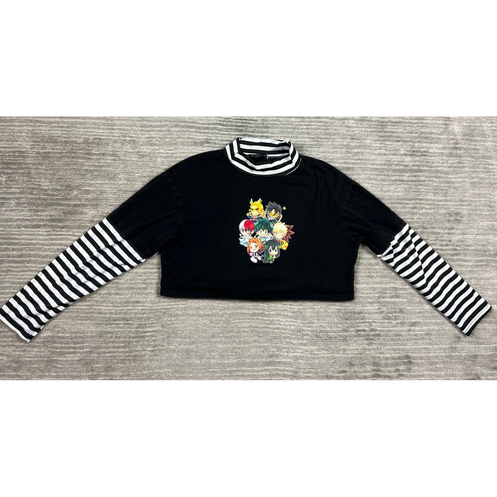 Fancyqube Crop Top Womens L Black My Hero Academia Chibi Striped Layered Sleeve